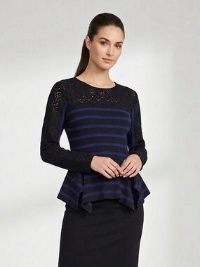 079 BCBGMAXAZRIA Women’s Rosemary Long Sleeve Stripe Peplum Top - Black/ Blue, M
